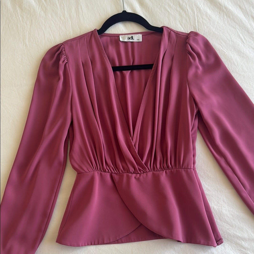 Pink Puff Sleeve Wrap Blouse with Peplum